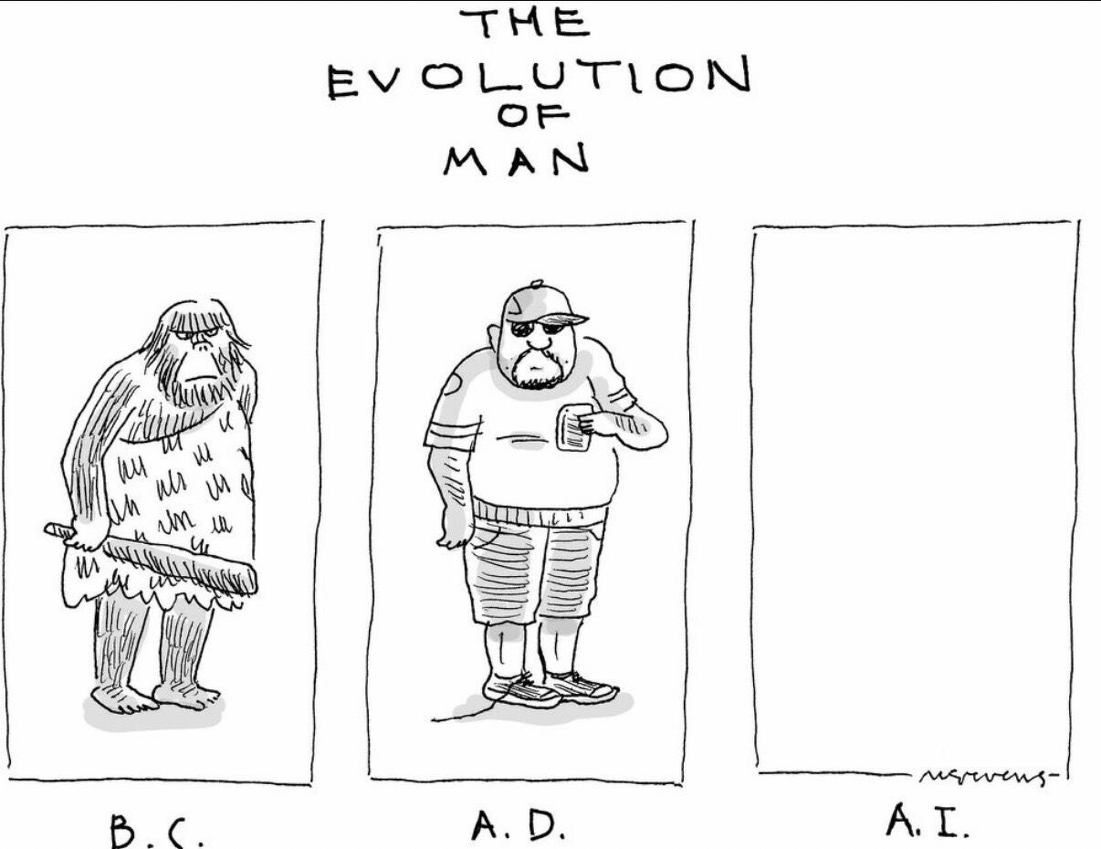 A three panel comic by John Sipher. The first, a caveman, captioned 'B.C.'; the second panel, an overweight man in shorts and a baseball cap, captioned 'A.D.', the third panel is blank, and subtitles 'A.I.'